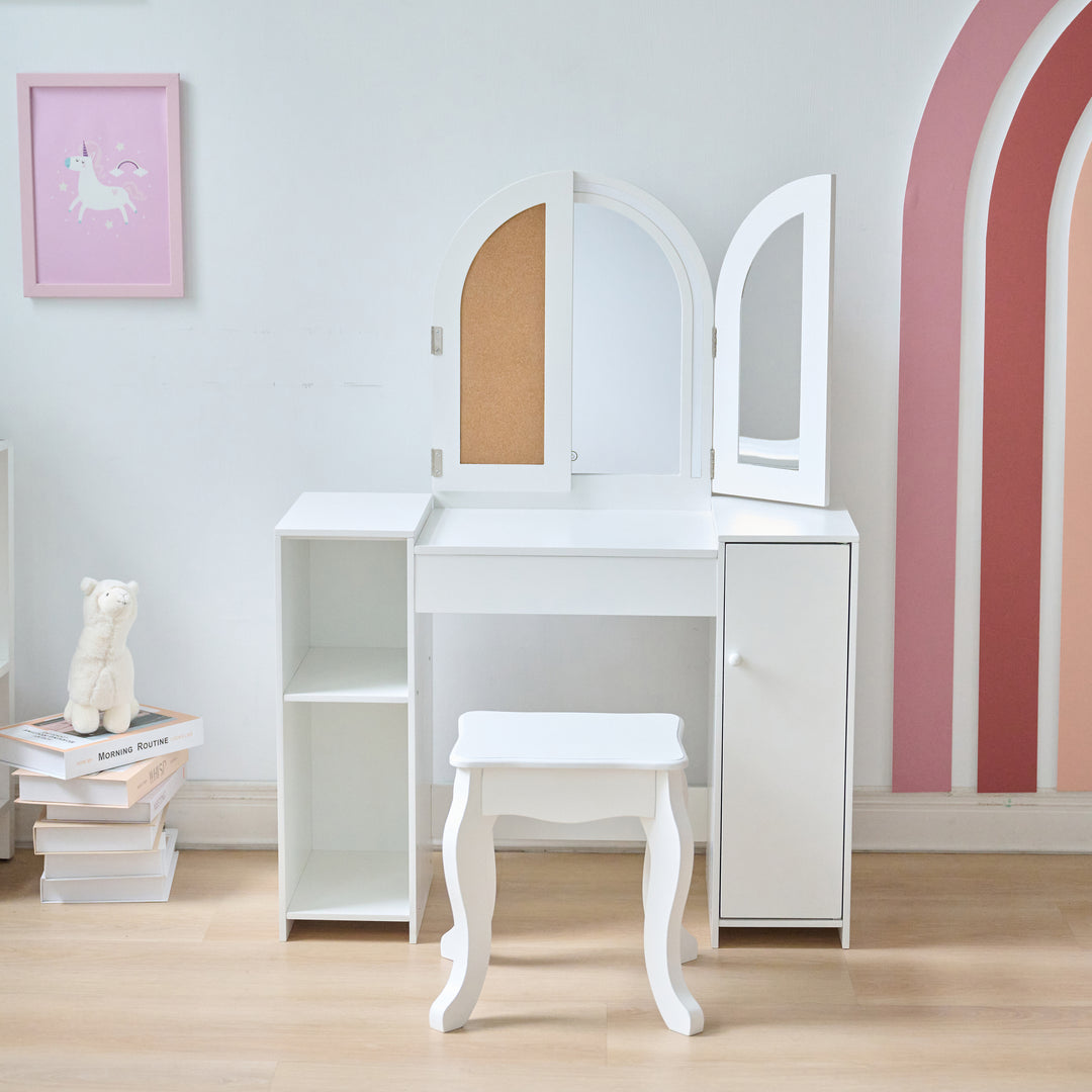 Kids Vanity & Desk Table with LED Lights, White - Deluxe Glow Vanity Set by Teamson Kids