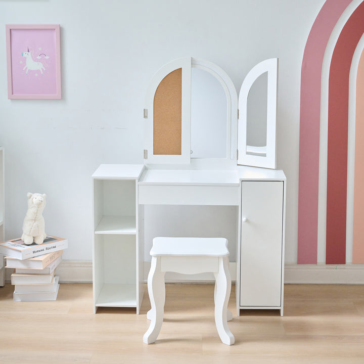 Kids Vanity & Desk Table with LED Lights, White - Deluxe Glow Vanity Set by Teamson Kids