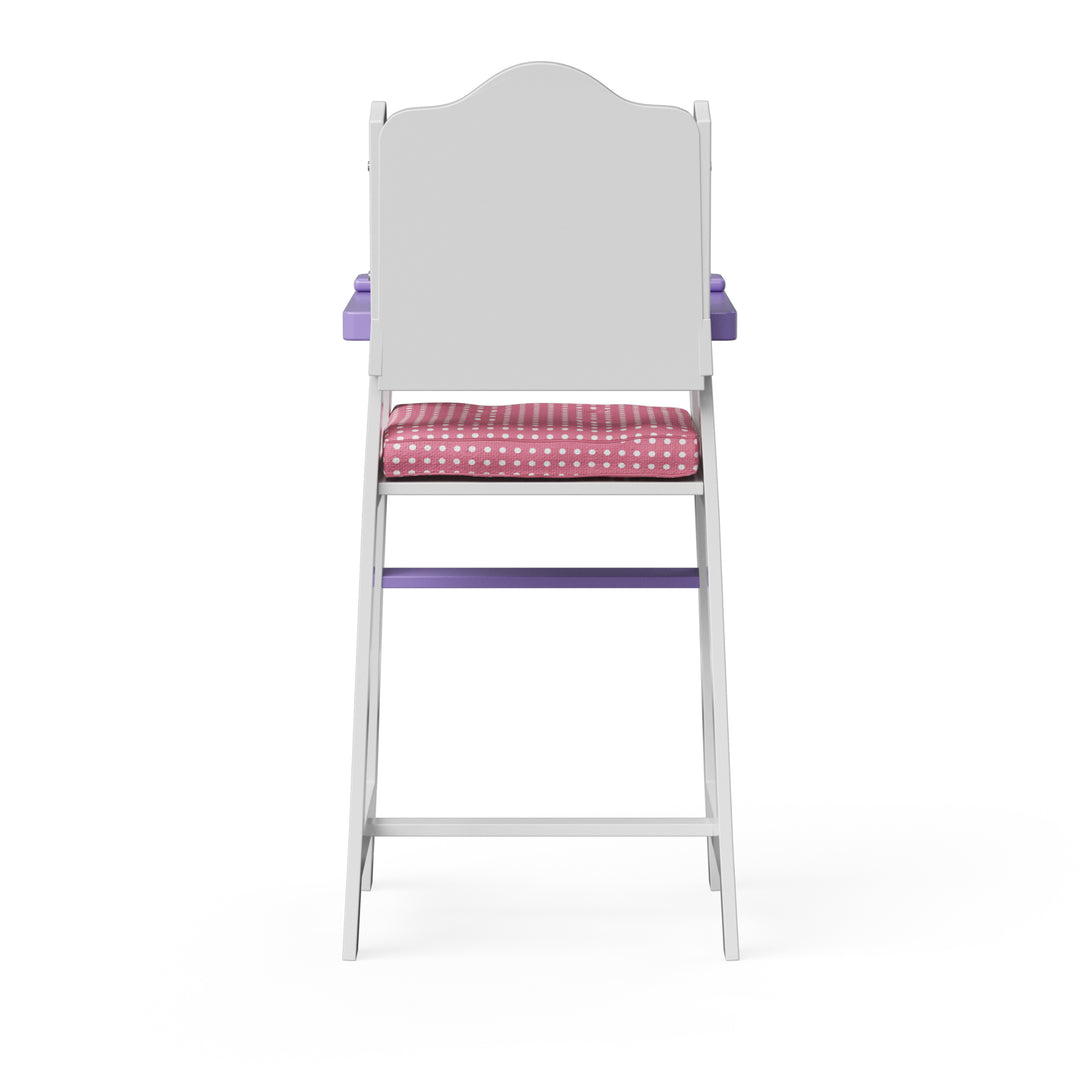 The back view of a white baby doll highchair with a pink cushion and purple tray
