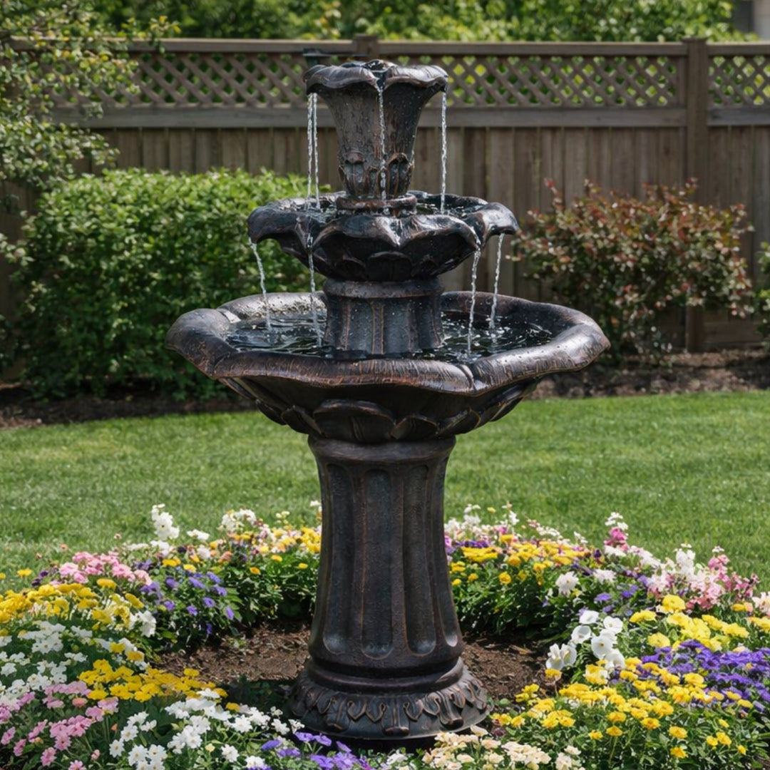 Teamson Home 37.8" 3-Tier Lily Outdoor Birdbath Water Fountain, Bronze