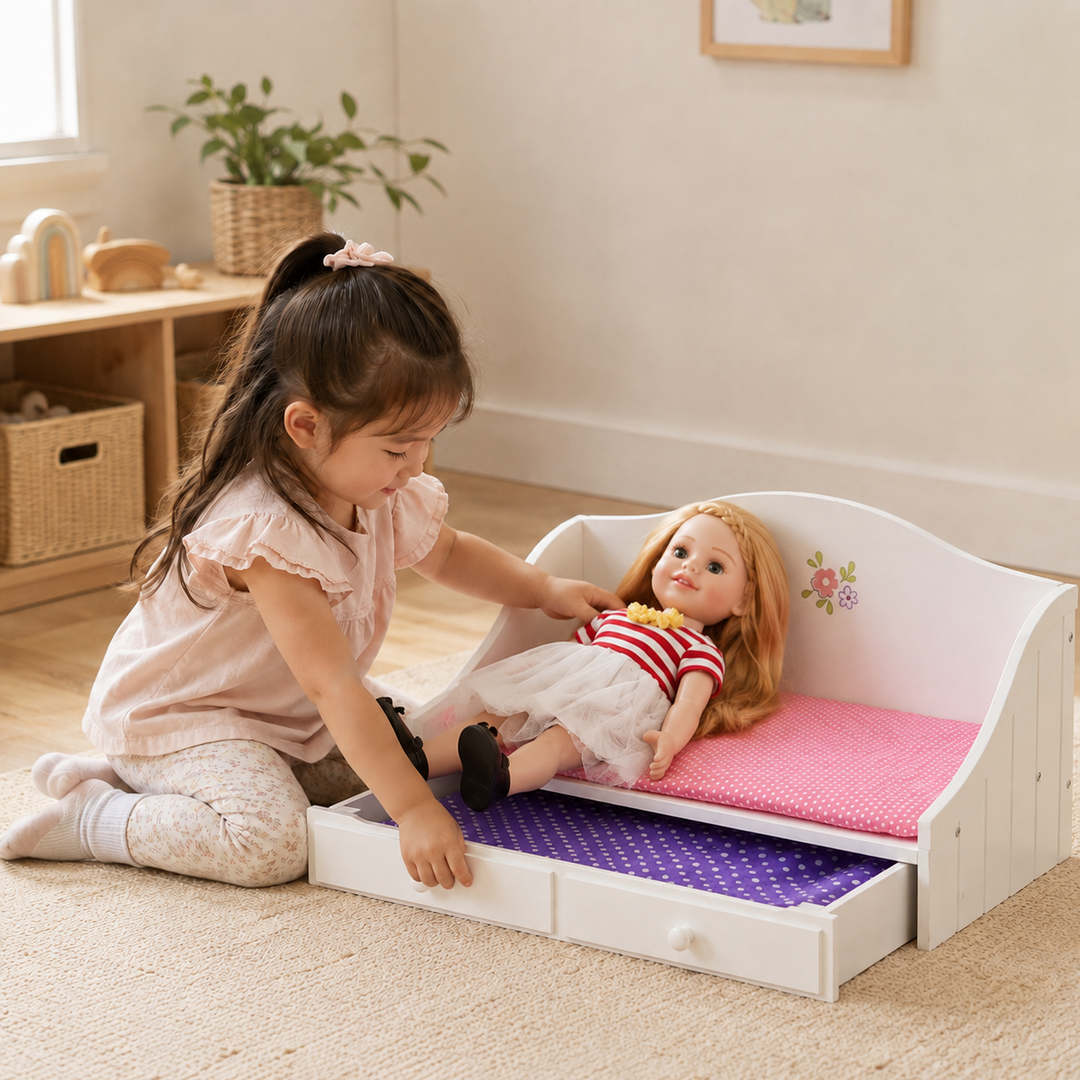 Olivia's Little World Doll Trundle Bed with Pink Bedding for 18" Dolls, White Doll Furniture with 2 interchangeable cushions (White and Polka Dot) Sliding Drawer for Expandable Bed and Pretend Play