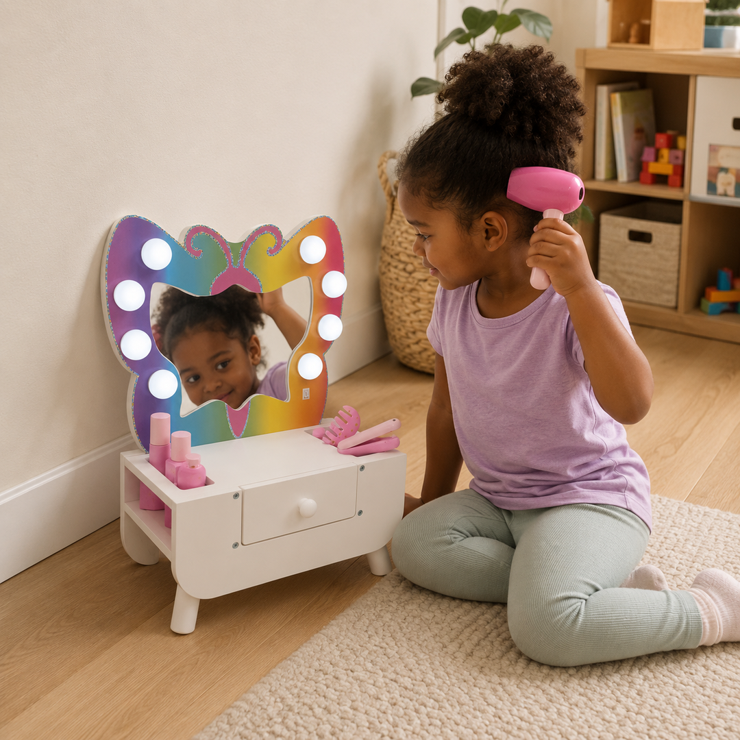 Teamson Kids Butterfly Light-Up Tabletop Kids Vanity Set with 6 Accessories, White and Pink, Butterfly LED Light-up Mirror, Shatterproof mirror for Safer Play, Includes Pretend Dress Up Pieces