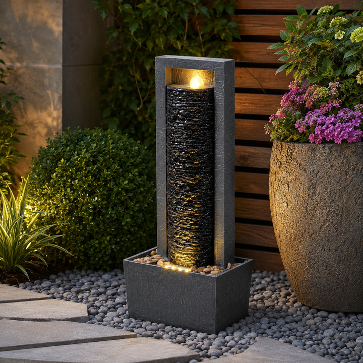 Teamson Home Framed Layered Rock Design Outdoor Water Fountain–Warm Glow Lighting with Steady Flow & Electric Pump, Dark Gray