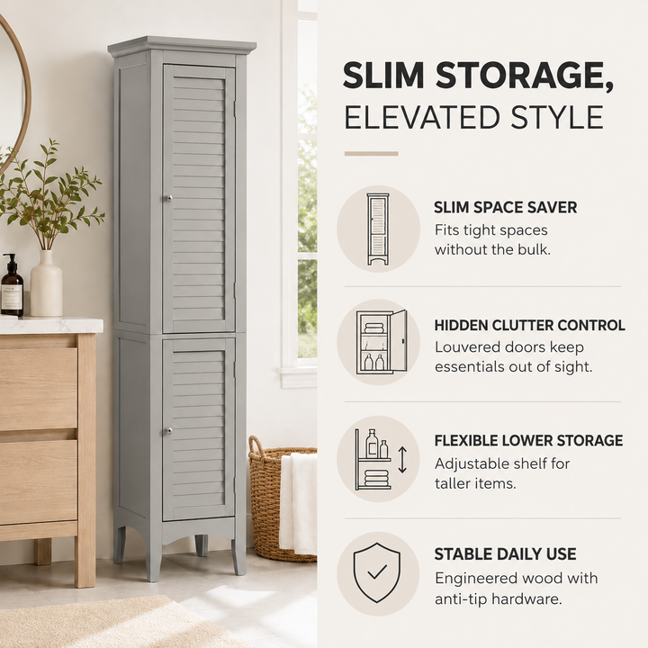 Teamson Home Glancy Wooden Bathroom Storage, Tall Narrow Freestanding Floor Cabinet with Louvered Doors, Interior Shelves, Anti-Tip Kit, for Bathroom, Living Room, Hallway, Gray