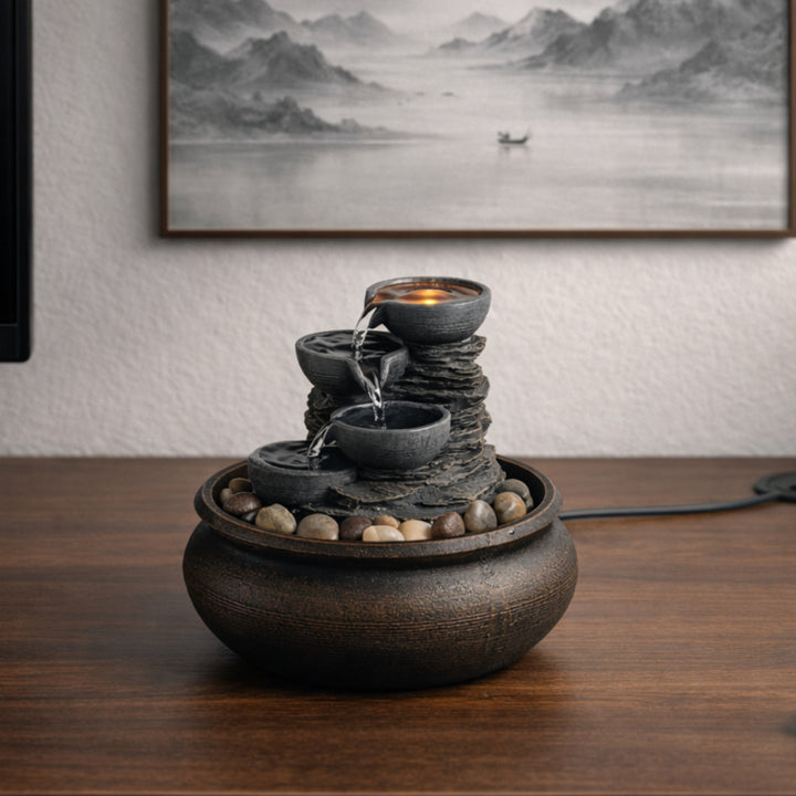 Teamson Home 7.87" 4-Tier Tabletop Water Fountain with LED Lights, Stone Gray
