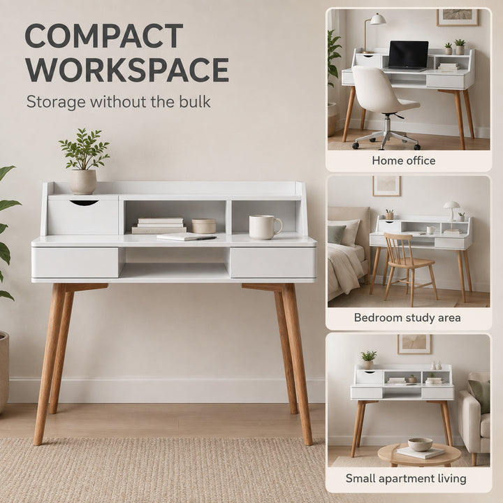 Teamson Writing Desk with Hutch, 2 Drawers, Flip Drawer, Cubbies, Cable Opening, White MDF & Natural Wood Legs, Compact Home Office Study Desk with Storage, Creativo Collection for Small Apartments