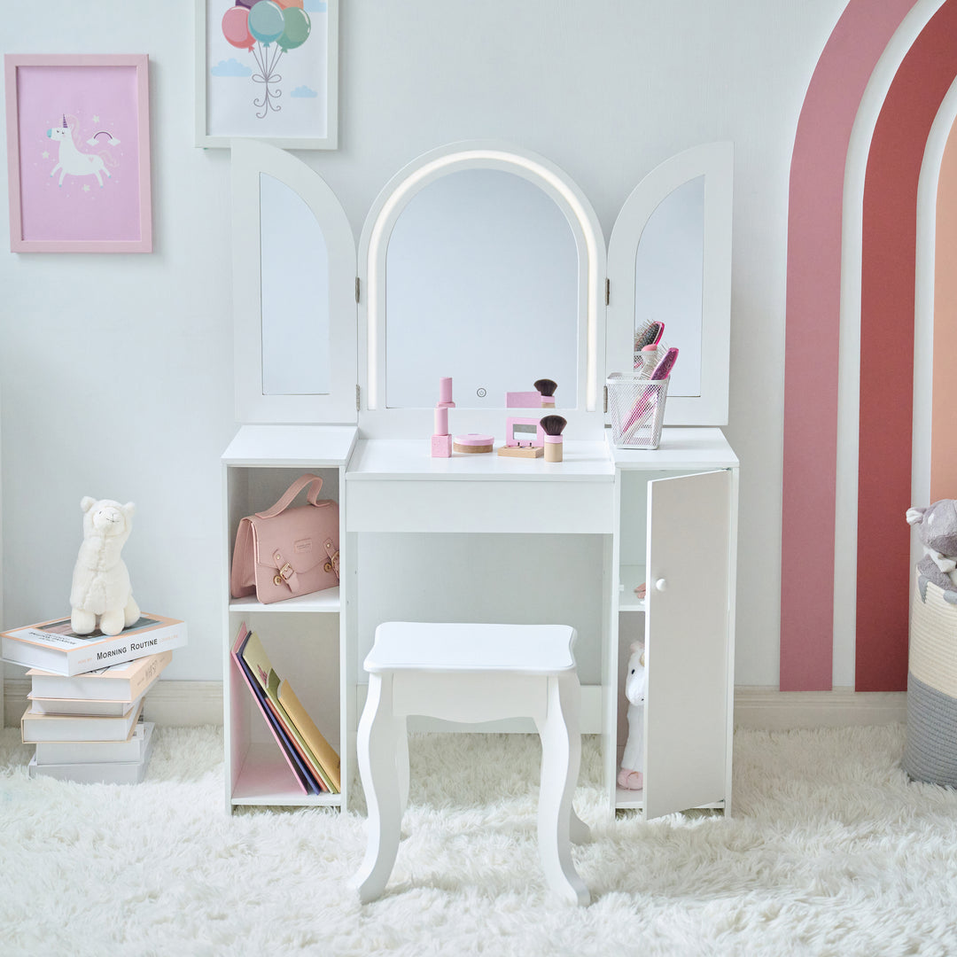 Kids Vanity & Desk Table with LED Lights, White - Deluxe Glow Vanity Set by Teamson Kids