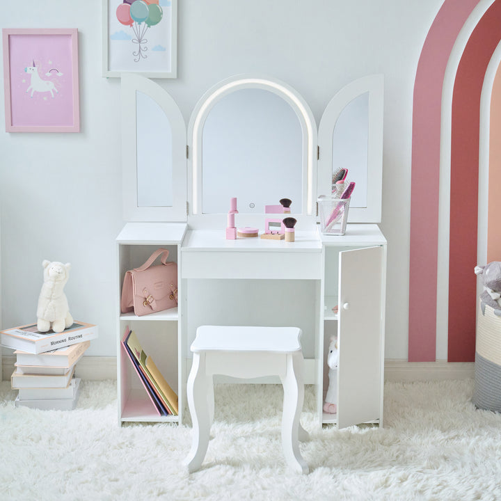 Kids Vanity & Desk Table with LED Lights, White - Deluxe Glow Vanity Set by Teamson Kids