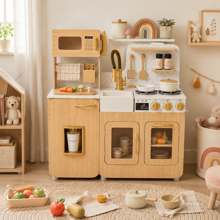 Teamson Kids Little Chef Cyprus Play Kitchen Set for Toddlers with 14 Accessories, Wooden Toy Cooking Playset for Kids Ages 1-8, Montessori Cooking Station, Light Oak/White Pretend Kitchen