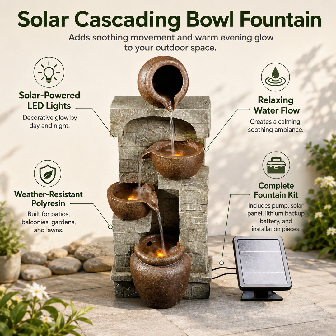 Teamson Home 28" Cascading Bowls with Solar LED Lights Outdoor Water Fountain