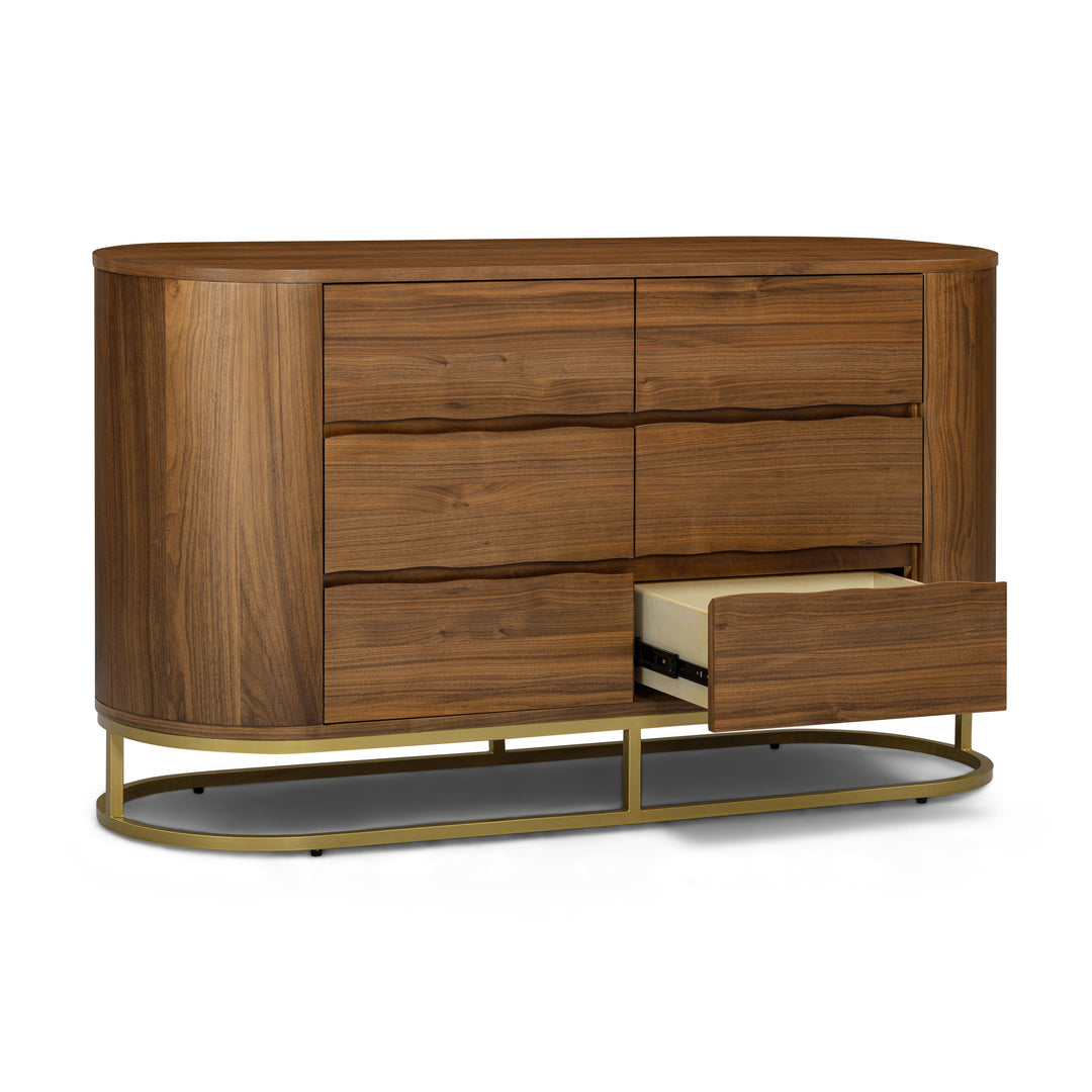 Seneca 55” W Walnut Veneer 6-Drawer Dresser Storage with Metal Base by Teamson Home