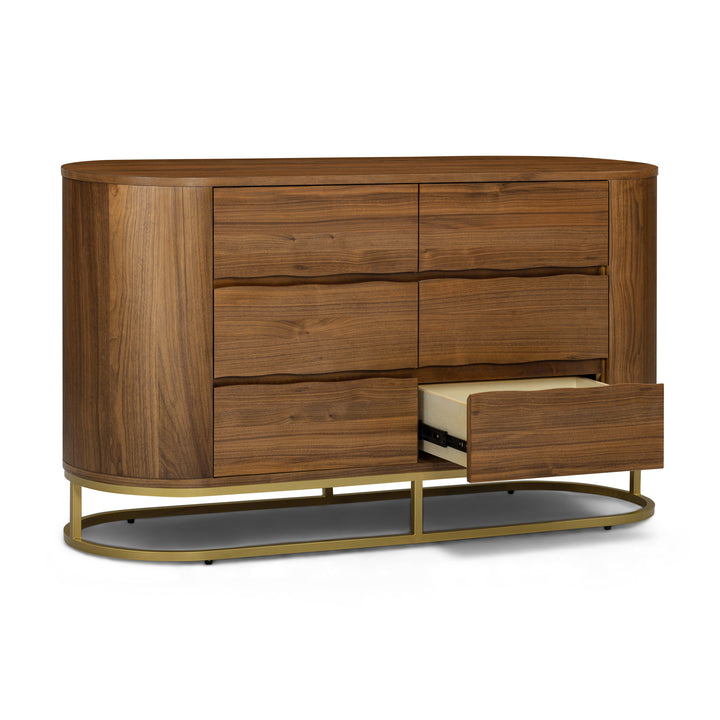 Seneca 55” W Walnut Veneer 6-Drawer Dresser Storage with Metal Base by Teamson Home