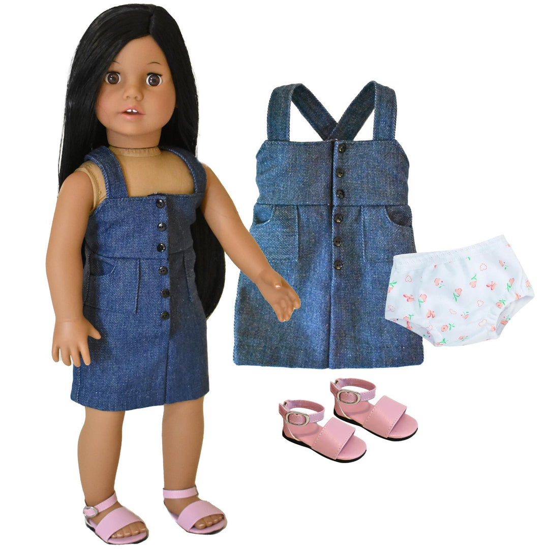A brunette doll dressed in a denim dress and pink sandals