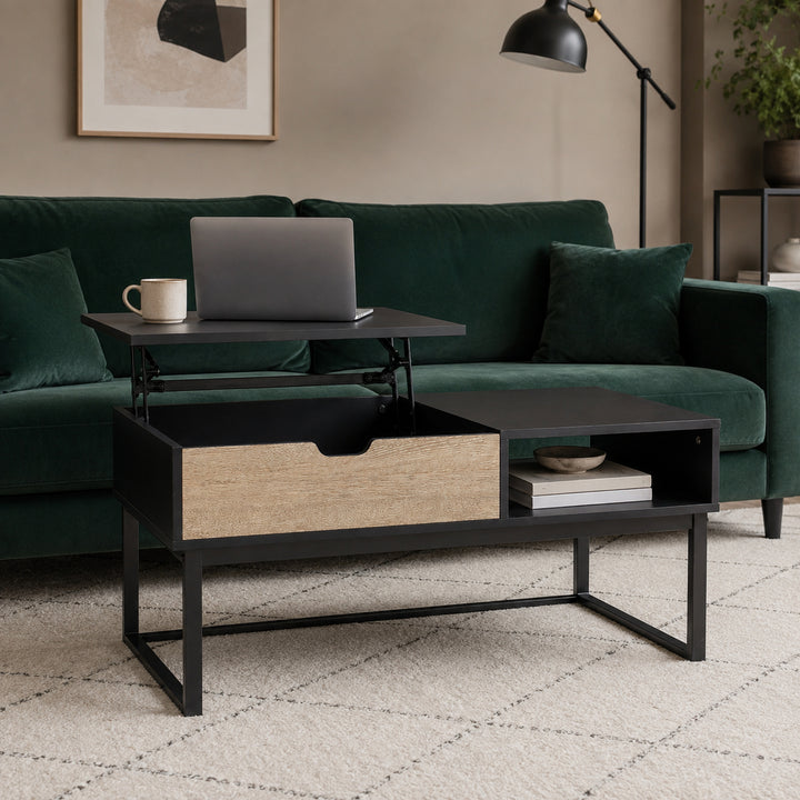 Teamson Lift Top Coffee Table with Hidden Storage Compartment, Wood Grain Finish, Sturdy Metal Frame, Farmhouse Cocktail Table for Living Room, Home Office & Small Spaces