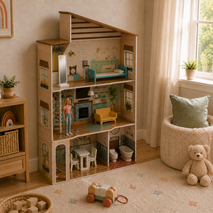 Teamson Kids Dreamland Mediterranean 3-Story Wooden Dollhouse with 5 Illustrated Rooms, Skylight, Spiral Stairs, 17-Piece Set, Working Lamp, Toilet Sound, Fits 12-Inch Dolls, Ages 3+