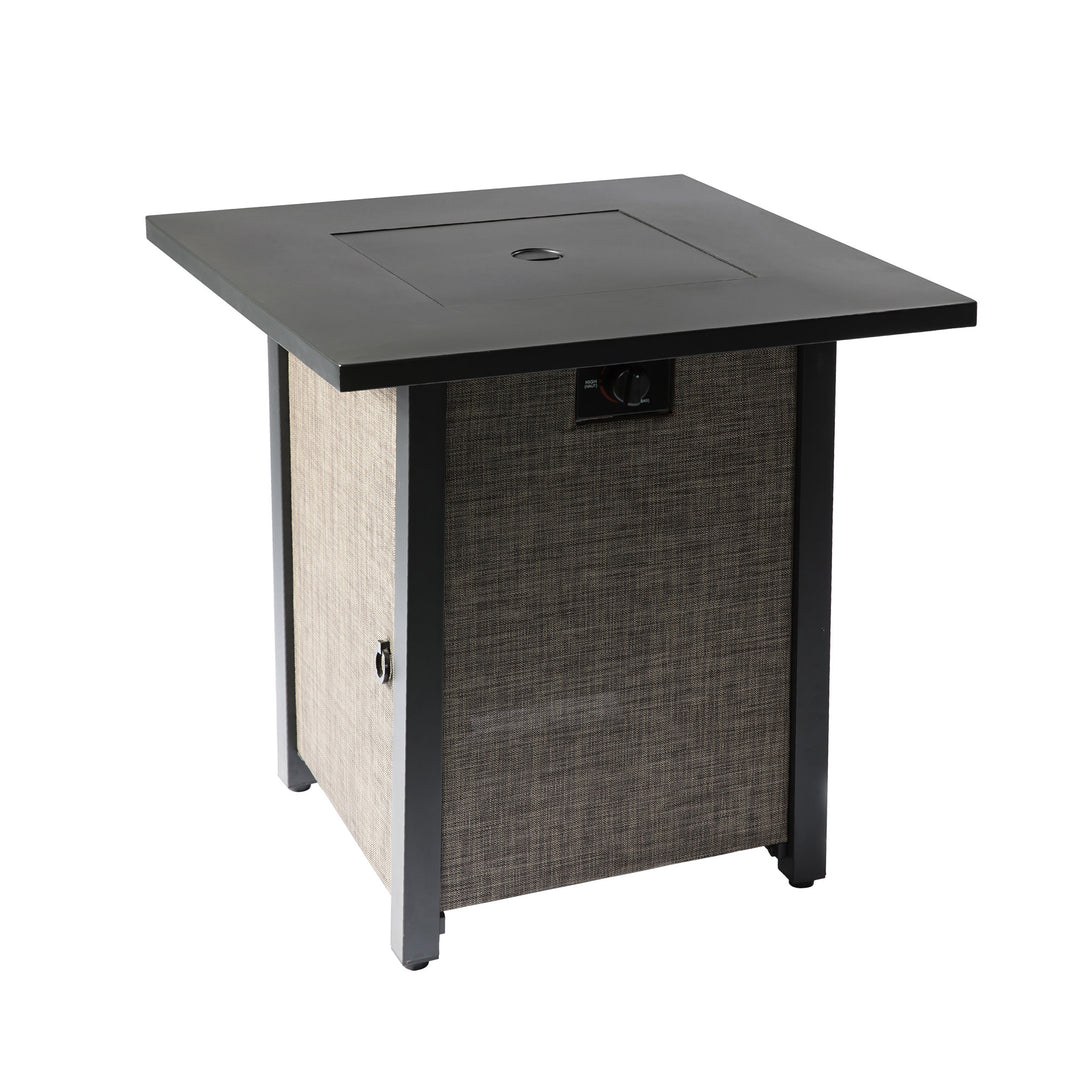 Teamson Home 27.95" Outdoor Metal & Textliene Propane Gas Fire Pit Table and Accessories, Brown/Beige