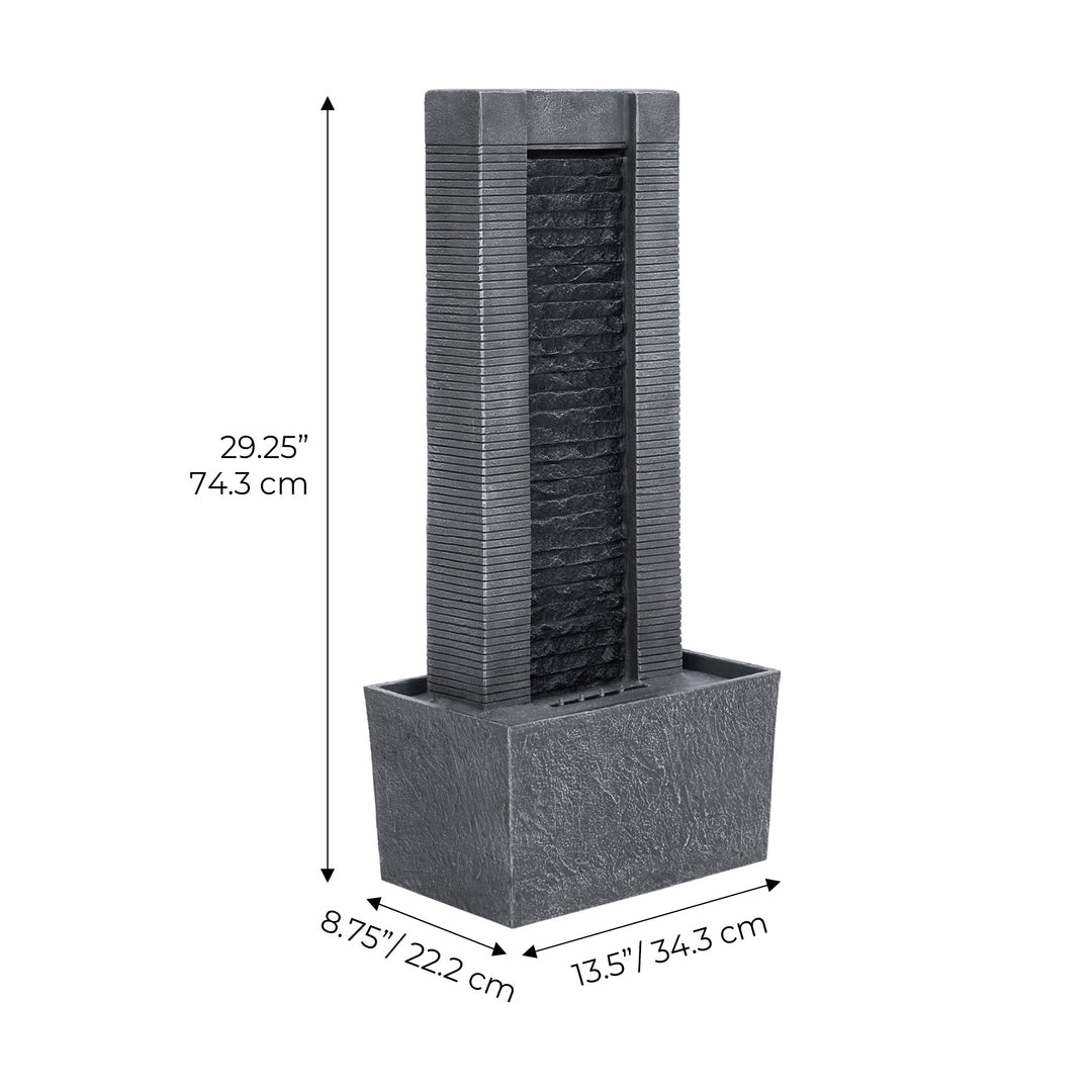 Teamson Home Demeter Outdoor Water Fountain with dimensions in inches and centimeters