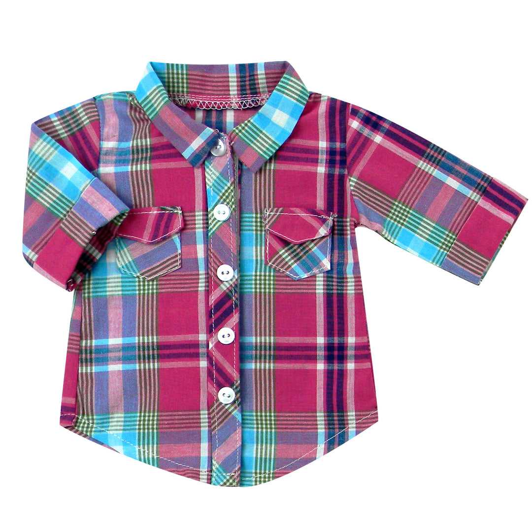 Sophia’s Gender-Neutral Long-Sleeved Button-Down Plaid Blouse with Roll Up Cuff for 18” Dolls, Hot Pink/Teal