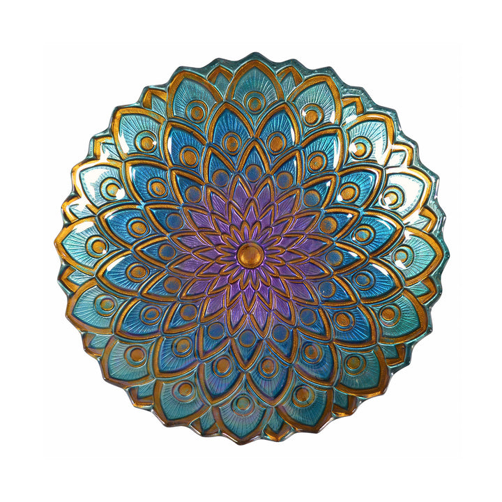 A detailed view of the colors and intricate design of the pressurized glass bowl.