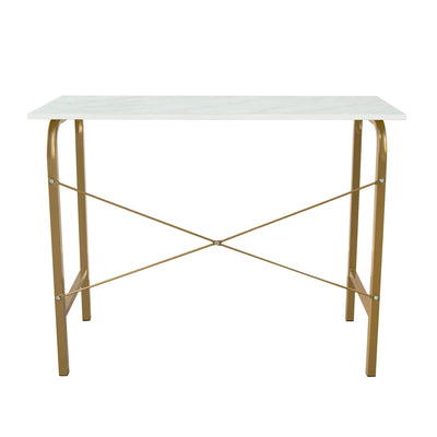 A white and gold Teamson Home 40" Home Office Computer Desk with Metal Base, Faux Marble/Brass.