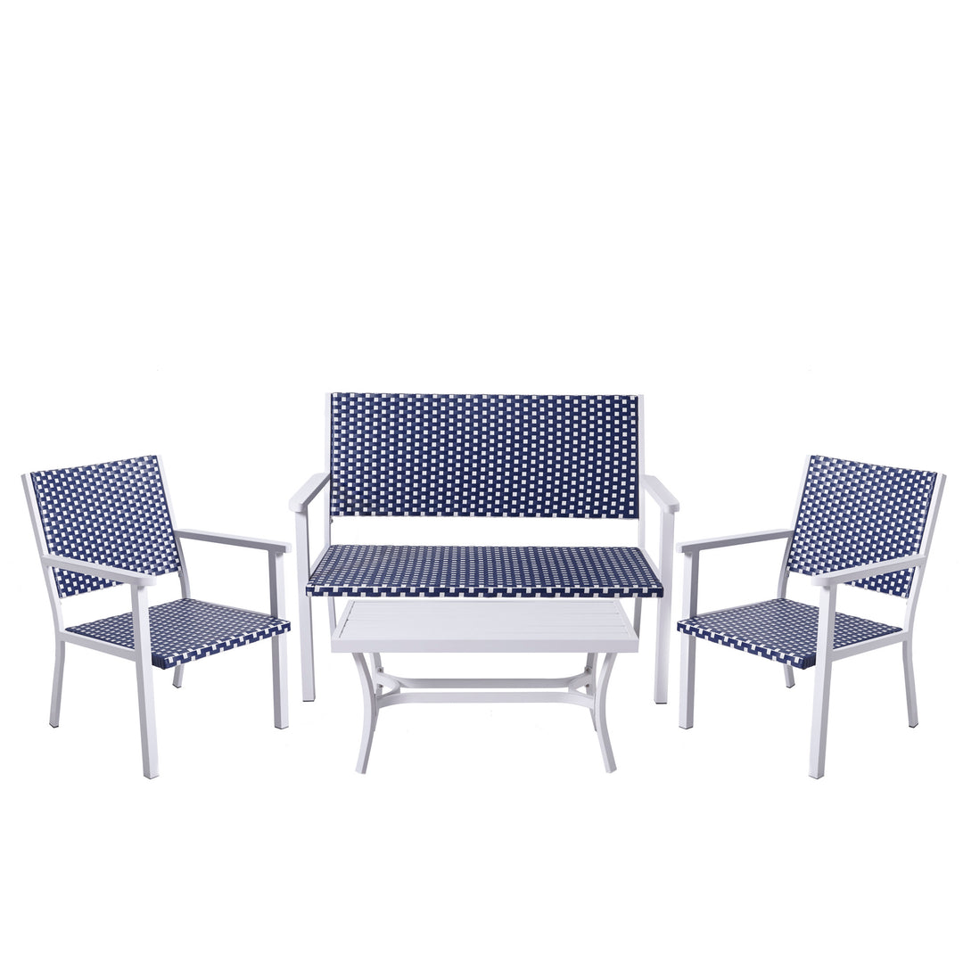 Teamson Home Outdoor Blue & White PE Rattan 4-Piece Patio Set with two chairs, a love seat, and coffee table on a white background