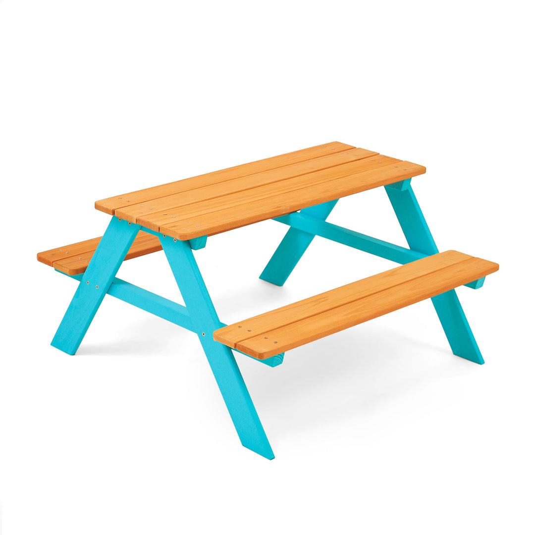 Teamson Kids Child Sized Wooden Outdoor Picnic Table in Warm Honey/Aqua with versatile colors, including a bright blue frame and natural finish on top and benches, isolated on white background.