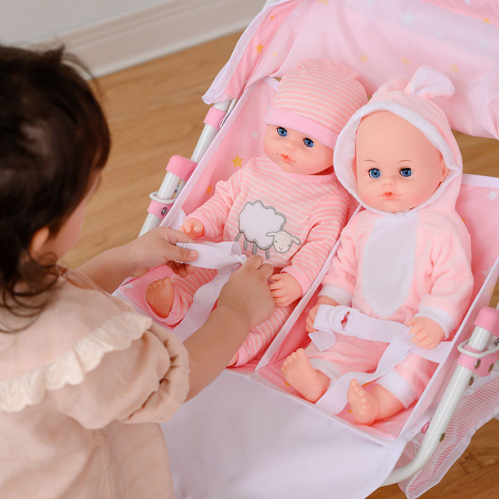 Olivia's Little World Twinkle Stars Princess Twin Baby Doll Stroller, Pink & White