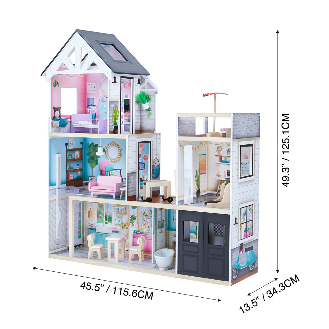 A view of the house with the dimensions in inches and centimeters.