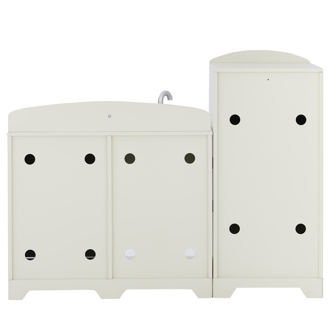 White wooden Teamson Kids Little Chef Fairfield Retro Kids Kitchen Playset with an attached vertical cabinet, featuring black polka dot decorations and round handles, crafted from easy-to-clean MDF.