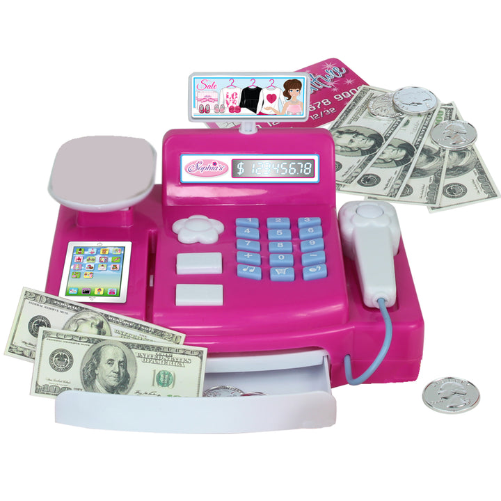 Sophia's Cash Register, Grocery Food, and Money Interactive Play Set for 18" Dolls, Hot Pink