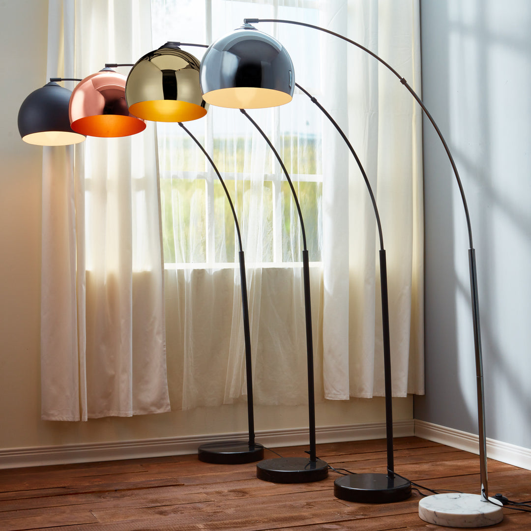 Four Teamson Home Arquer Arc 66" Metal Floor Lamps with Bell Shades - black, rose gold, gold, chrome.