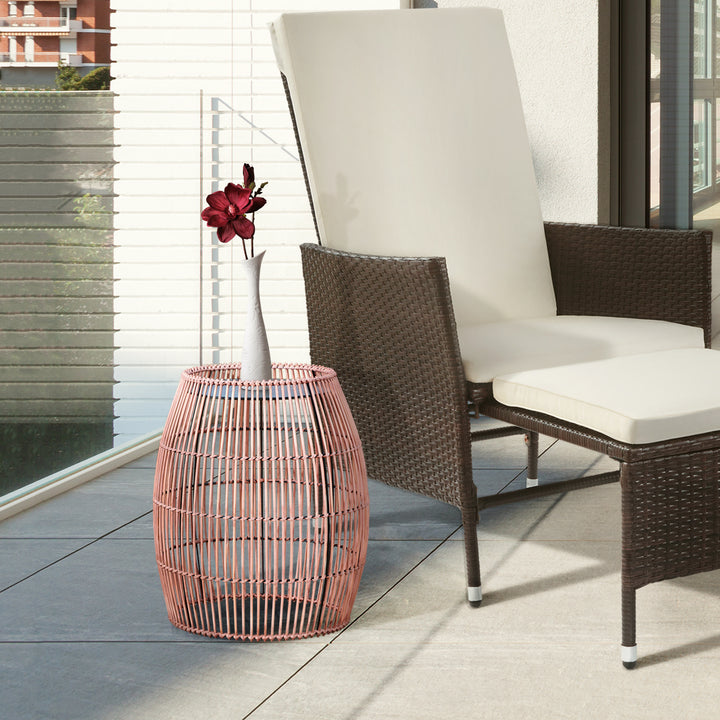 Teamson Home Large Round Outdoor Patio Bamboo Plant Stand with Iron Top, Brown next to a PE rattan chaise chair