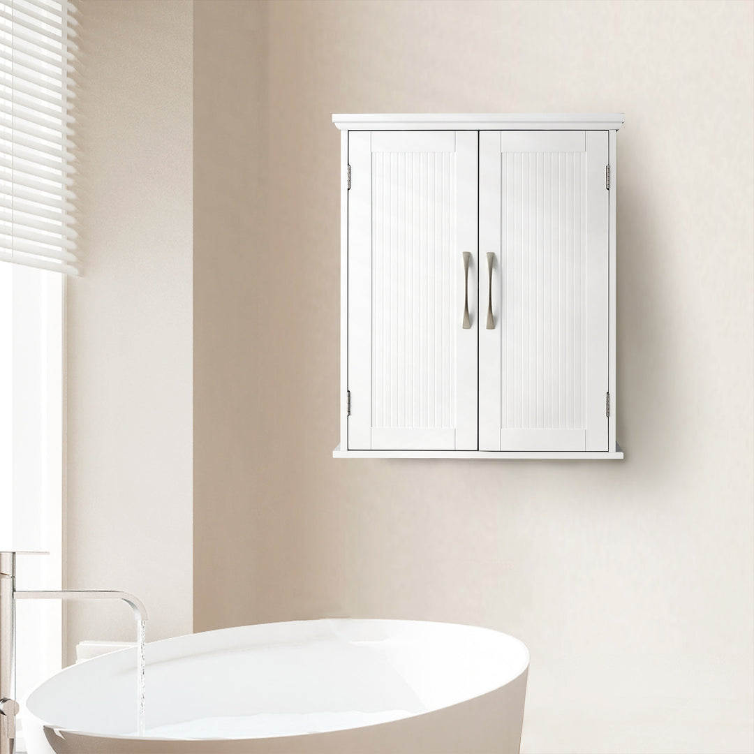 Teamson Home Newport Contemporary Wooden Removable Cabinet, White above a modern bathtub in a minimalist style interior.