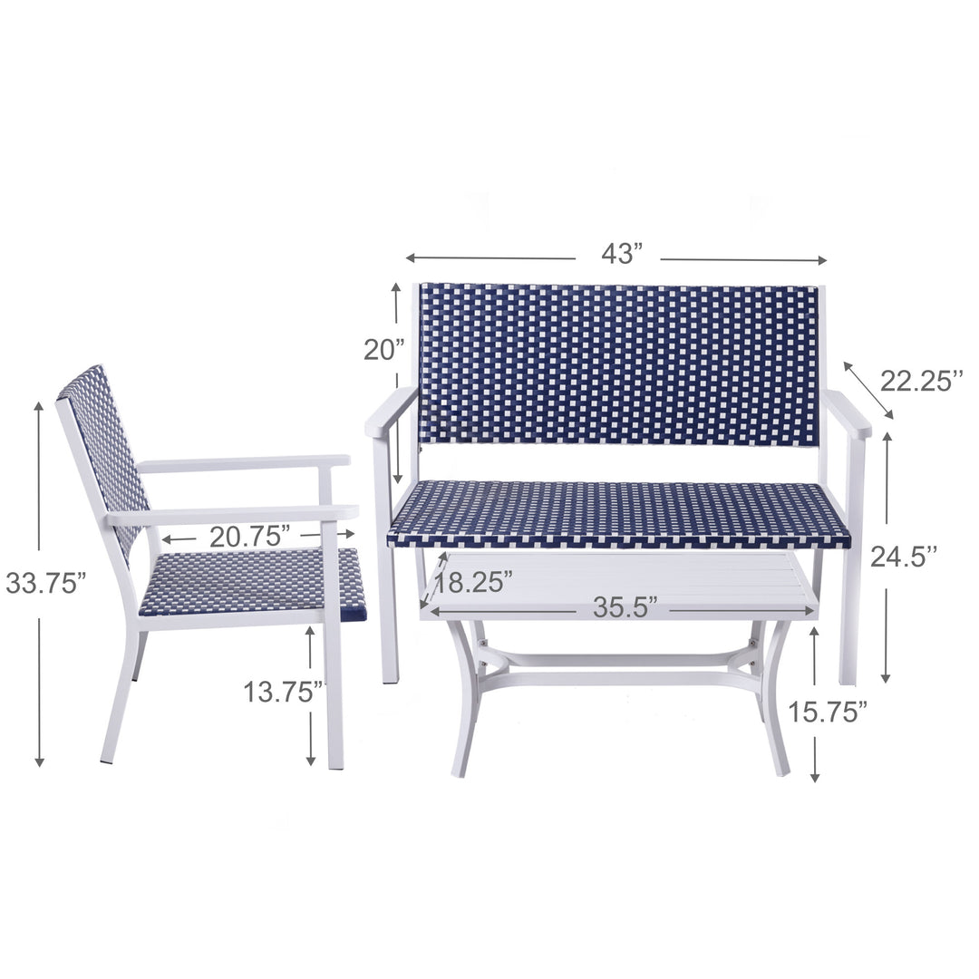 Dimensions of the Teamson Home Outdoor Blue & White PE Rattan 4-Piece Patio Set with two chairs, a love seat, and coffee table in inches