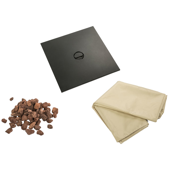 Teamson Home 27.95" Outdoor Metal & Textliene Propane Gas Fire Pit Table and Accessories, Brown/Beige