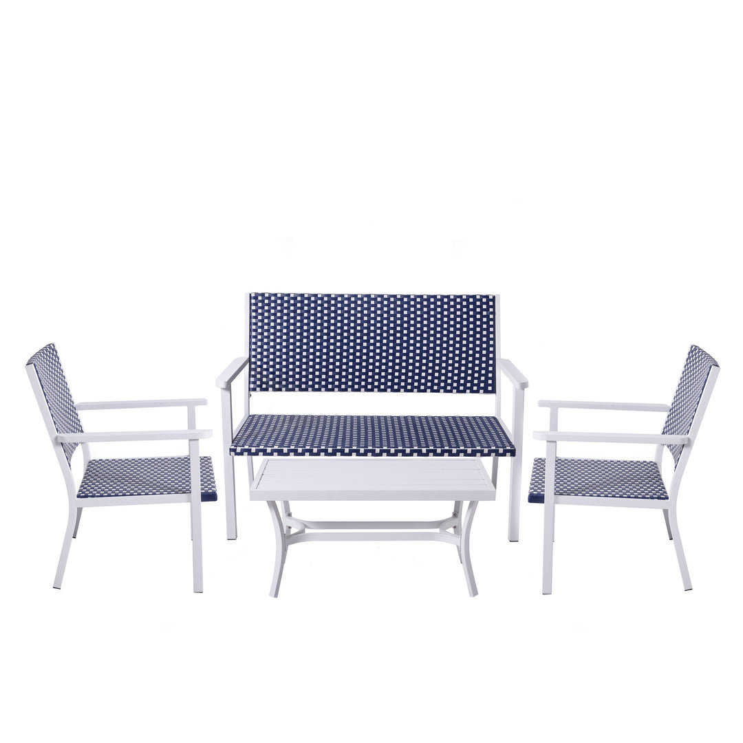 Teamson Home Outdoor Blue & White PE Rattan 4-Piece Patio Set with two chairs, a love seat, and coffee table