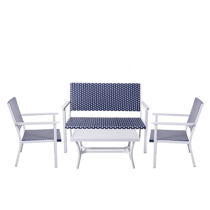 Teamson Home Outdoor Blue & White PE Rattan 4-Piece Patio Set with two chairs, a love seat, and coffee table